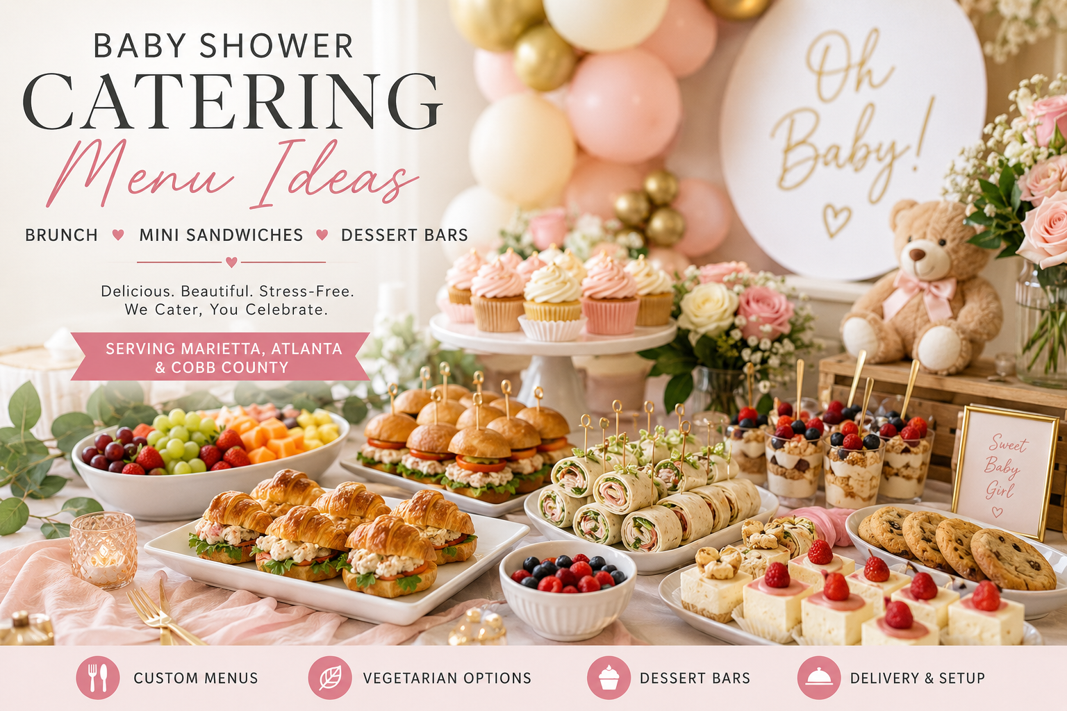 Baby shower catering menu ideas in Marietta GA with brunch trays mini sandwiches dessert bars and fresh fruit